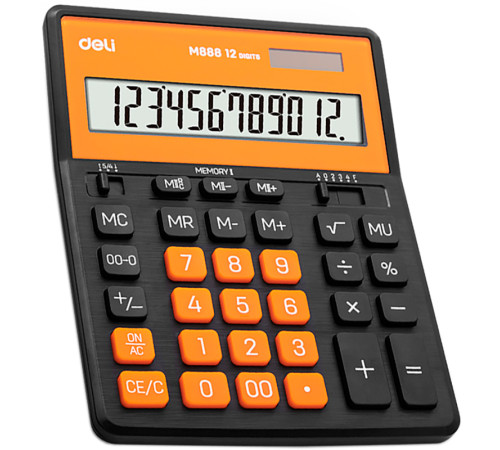 Калькулятор настольный DELI "М888" 12 разрядный, 202х159х31 мм, черный/оранжевый