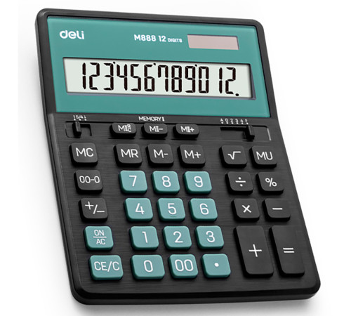 Калькулятор настольный DELI "М888" 12 разрядный, 202х159х31 мм, черный/зеленый