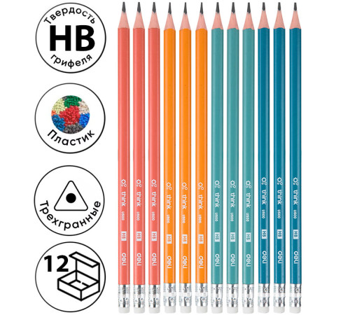 Карандаш DELI, НВ, с ластиком, трехгранный корпус,  ассорти