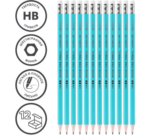 Карандаш DELI "i Select", НВ, шестигранный корпус, пластик, с ластиком, ассорти