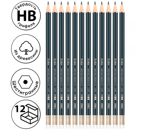 Карандаш DELI "Scribe", НВ, шестигранный корпус, дерево, с ластиком, темно-синий