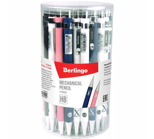 Карандаш механический BERLINGO "Х" 0,5 мм, с ластиком, ассорти