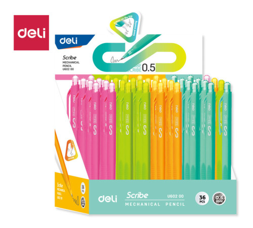 Карандаш механический DELI "Scribe", 0,5 мм, трехгранный корпус с ластиком, ассорти