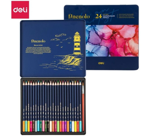 Карандаши акварельные Deli "Finenolo", 24 цвета, в метал. коробке