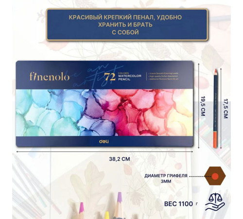 Карандаши акварельные Deli "Finenolo", 72 цвета, в метал. коробке