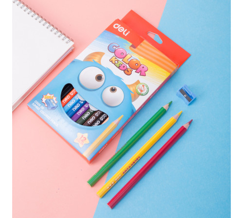 Карандаши цветные Deli "Color Kids", 12 цветов, трехгранные,  картон