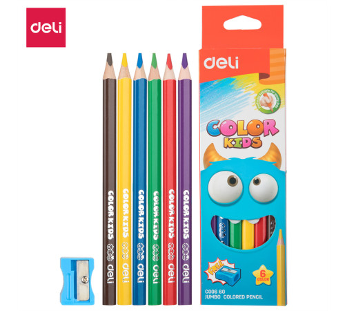 Карандаши цветные Deli "Color Kids", 6 цветов, трехгранные,  картон