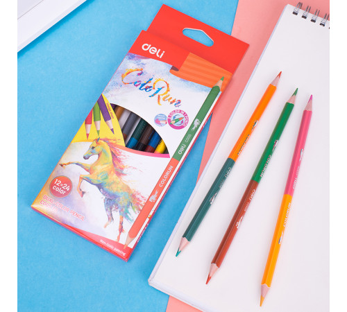 Карандаши цветные Deli  "ColoRun", двухсторонние, 12 штук, 24 цвета, картон