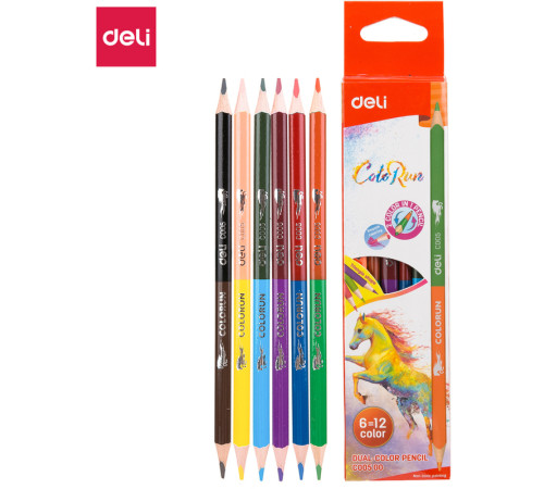 Карандаши цветные Deli  "ColoRun", двухсторонние, 6 штук, 12 цветов, картон