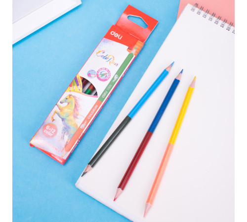 Карандаши цветные Deli  "ColoRun", двухсторонние, 6 штук, 12 цветов, картон