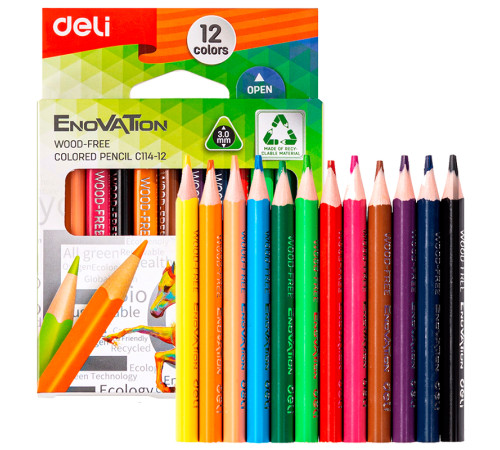 Карандаши цветные Deli "Enovation", короткие, 12 цвета, картон