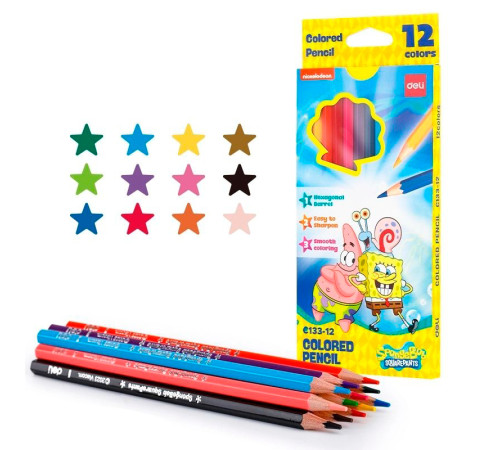 Карандаши цветные Deli "SpongeBob", 12 цветов, картон