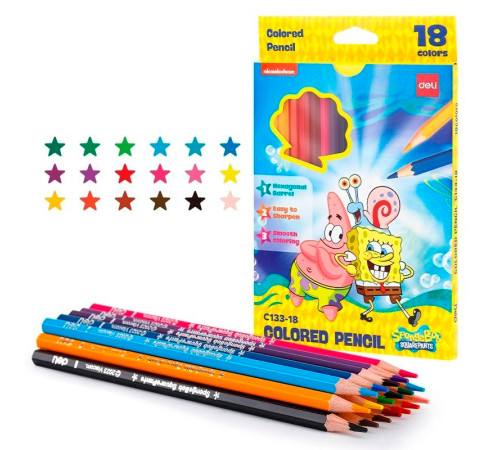 Карандаши цветные Deli "SpongeBob", 18 цветов, картон