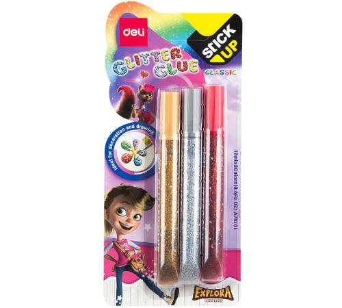 Клей-гель DELI "Explora" с блестками, 3 шт по 12 мл, в блистере