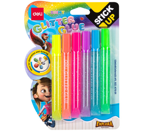 Клей-гель DELI "Explora" с блестками, 6 шт по 12 мл, в блистере