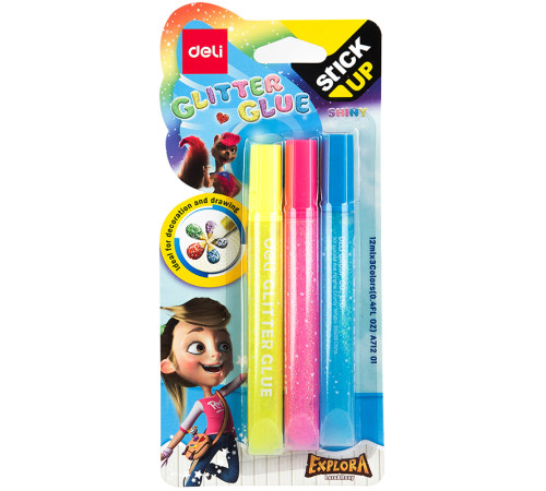 Клей-гель DELI с блестками, 3 шт по 12 мл, в блистере