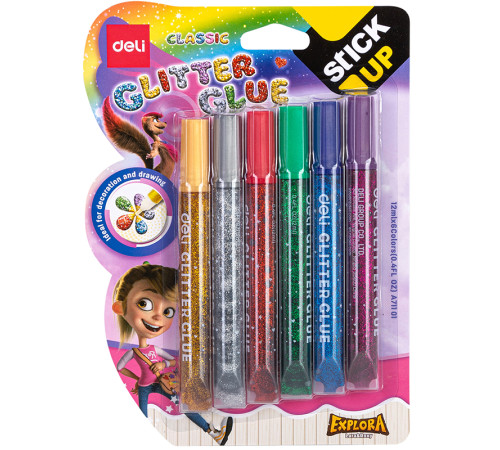 Клей-гель DELI с блестками, 6 шт по 12 мл, в блистере