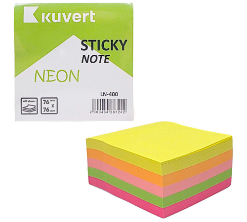 Клейкие листики KUVERT "Sticky" 76 х 76 мм, 5 неоновых цветов, 400 листов