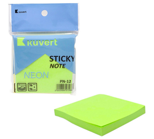 Клейкие листики KUVERT  "Sticky" 76 х 76 мм, неон-зеленый, 100 листов