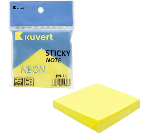 Клейкие листики KUVERT "Sticky" 76 х 76 мм, неон-желтый, 100 листов