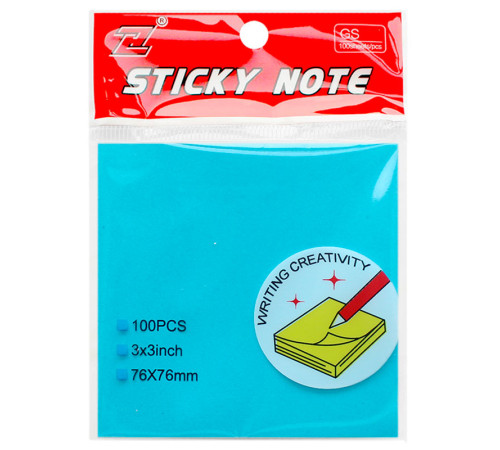 Клейкие листики "Sticky" 76 х 76 мм, неон-голубой, 100 листов