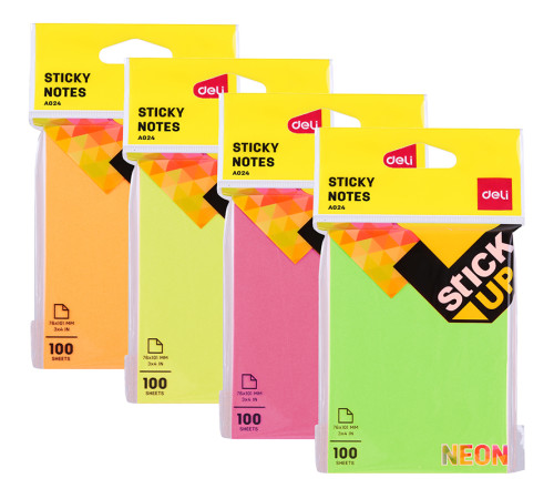 Клейкие листки DELI "Stick Up", 76 х101 мм, ассорти неоновые, 100 листов