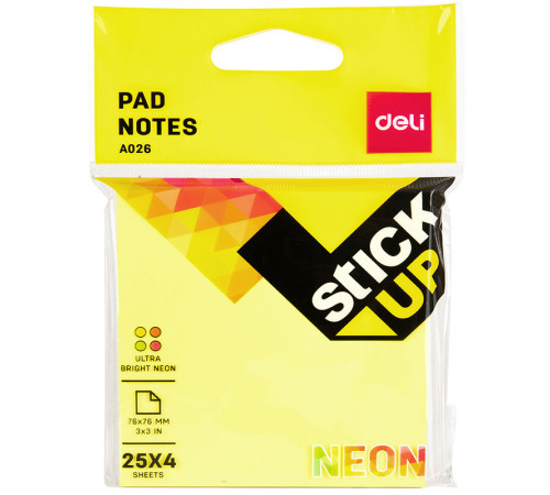 Клейкие листки DELI "Stick Up", 76 х76 мм, ассорти 4 цвета по 25 листов, неоновые