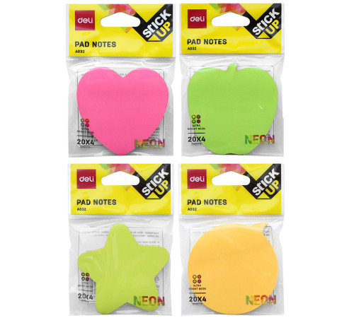 Клейкие листки DELI "Stick Up", 76 х76 мм, фигурные, 4 цвета по 20 листов, неоновые