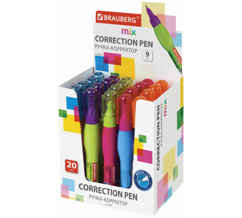 Корректирующая ручка BRAUBERG, 9 мл, металлический наконечник, ассорти