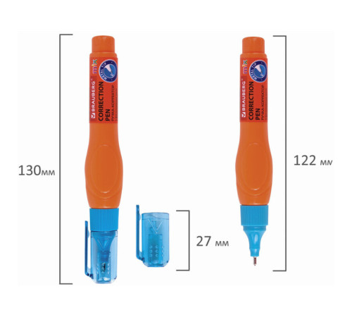 Корректирующая ручка BRAUBERG, 9 мл, металлический наконечник, ассорти