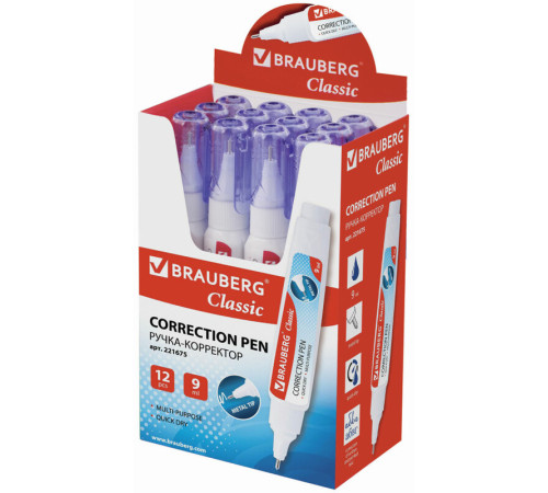 Корректирующая ручка BRAUBERG, 9 мл, металлический наконечник