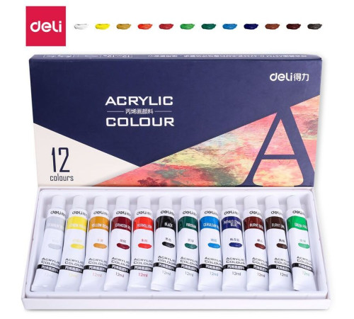 Краски акриловые DELI художественные, глянцевые, 12 цветов по 12 мл., картон
