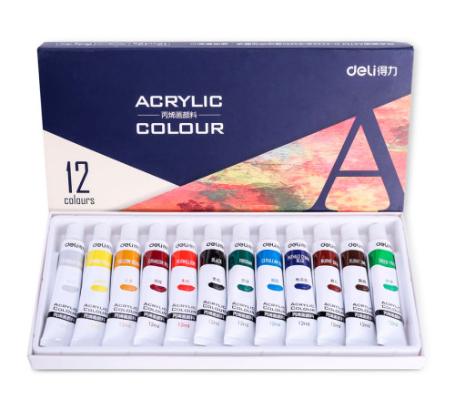 Краски акриловые DELI художественные, глянцевые, 12 цветов по 12 мл., картон