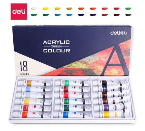 Краски акриловые DELI художественные, глянцевые, 18 цветов по 12 мл., картон