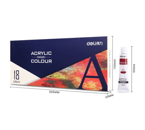 Краски акриловые DELI художественные, глянцевые, 18 цветов по 12 мл., картон