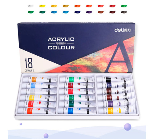 Краски акриловые DELI художественные, глянцевые, 18 цветов по 12 мл., картон