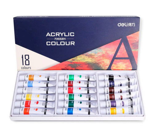 Краски акриловые DELI художественные, глянцевые, 18 цветов по 12 мл., картон