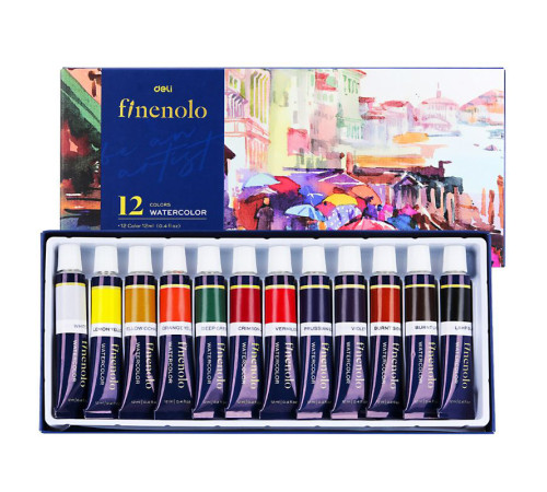 Краски акварельные DELI "Finenolo", художественные, 12 цвета в тубах по 12 мл.