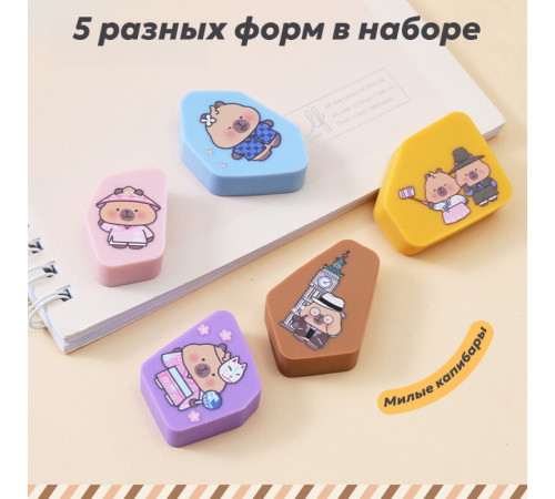Ластик DELI "Capypets", ассорти (42х17х10 мм), 5 шт в упаковке
