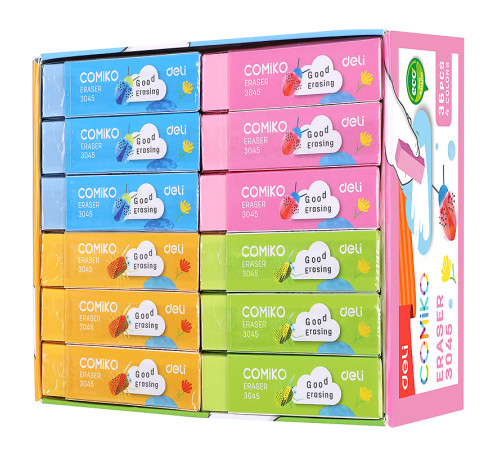 Ластик DELI "Comiko", прямоугольный, ассорти, 60х15х15 мм