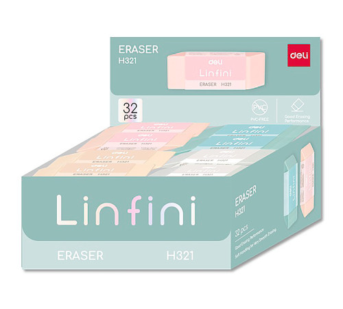 Ластик DELI "Linfini", прямоугольный, ассорти (54х20х10.5 мм)