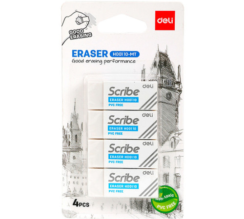 Ластик DELI "Scribe", прямоугольный, белый (42х17х10 мм), 4 шт в упаковке