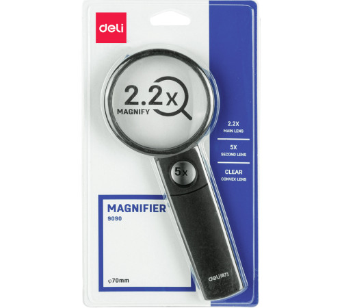 Лупа DELI, х2,2 увеличение, диаметр 75 мм, дополнительная линза 5-ти кратное увеличение