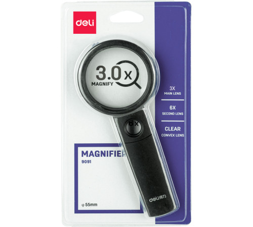 Лупа DELI, х3 увеличение, диаметр 60 мм, дополнительная линза 6-ти кратное увеличение
