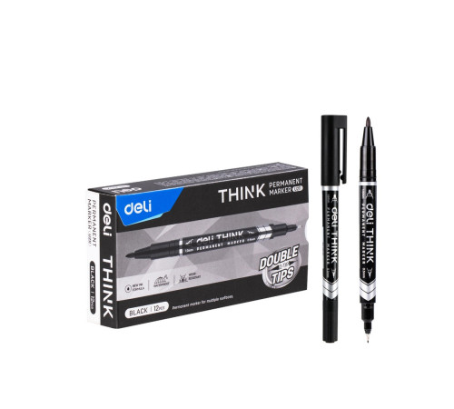 Маркер перманентный DELI двухсторонний, 0,5-1,0 мм, черный