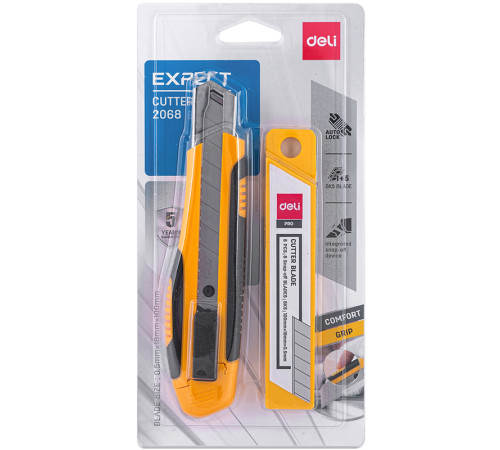 Набор DELI нож канцелярский 18 мм + лезвия, усиленный, прорезиненная ручка, блистер