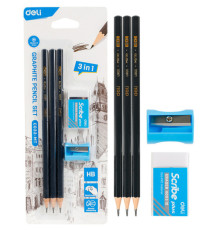 Набор карандашей чернографитных DELI, НВ, 3 штуки, точилка + ластик, блистер