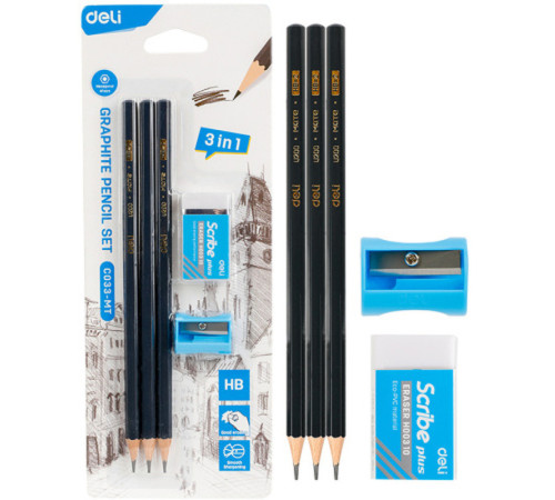 Набор карандашей чернографитных DELI, НВ, 3 штуки, точилка + ластик, блистер