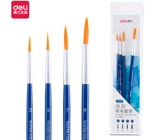 Набор кистей DELI для гуаши, синтетика 4 штуки в уп.,  №3, 5, 7, 9