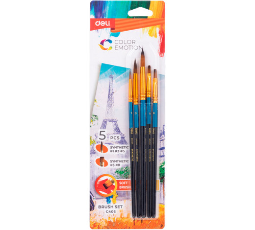 Набор кистей DELI "Color Emotion" для акварели и гуаши, синтетика, 5 штуки в уп., №1, 3, 5, 8